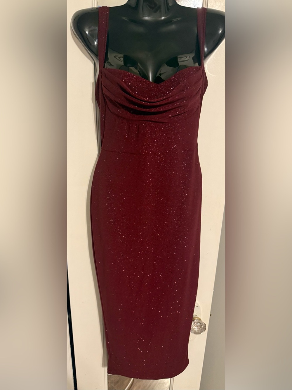 Windsor Glitz And Glamour Cowl Neck Glitter Knit Bodycon Midi Dress Burgundy M